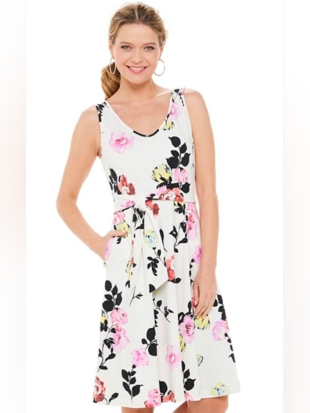 Apt. 9 White Floral Tie-Waist Sleeveless Dress with Pink & Black Accents